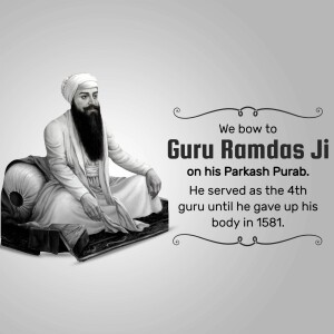 Portrait of Guru Ramdas Ji with text commemorating his Prakash Purab