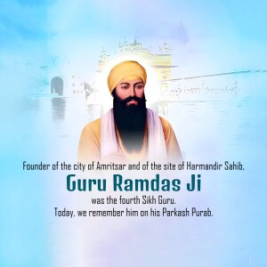 Portrait of Guru Ramdas Ji with the Golden Temple in the background