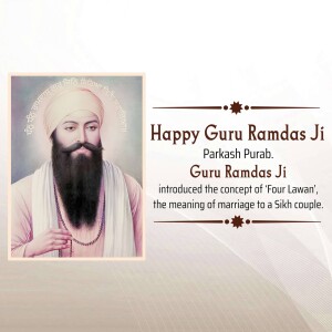 Portrait of Guru Ramdas Ji with text celebrating Parkash Purab