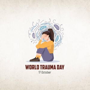 Illustration of a woman sitting with her head in her hands, surrounded by swirling lines, with text reading 'World Trauma Day'