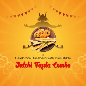 Image of Jalebi and Fayda snacks with a Dusshera shadow puppet background.
