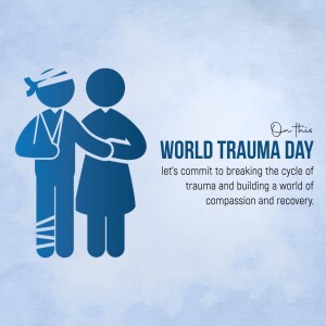 Illustration depicting a person comforting another with injuries, promoting World Trauma Day.