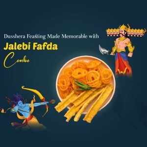Image of Jalebi and Fafda with a Dusshera theme featuring Lord Rama.