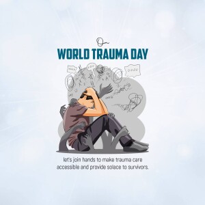 Illustration depicting a person overwhelmed by thoughts and emotions, representing trauma, with the text 'World Trauma Day'.