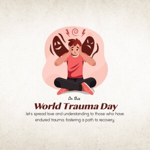 Illustration depicting a person overwhelmed by emotional turmoil with the text 'World Trauma Day'
