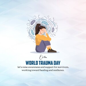Illustration of a woman sitting in a fetal position with a cloud of swirling shapes above her head, promoting World Trauma Day.