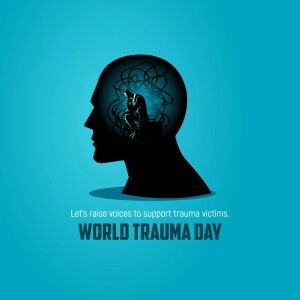 Silhouette of a head with a person inside representing mental struggle, promoting World Trauma Day.