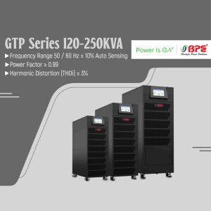 Three BPE GTP Series UPS units in varying sizes, showcasing power solutions.