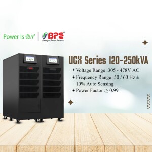 Black BPE UCX Series UPS with digital display on a wooden surface