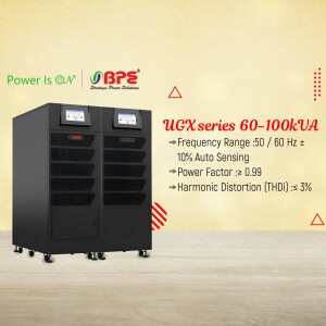 Black BPE UGX Series 60-100kVA UPS with display screens and ventilation.