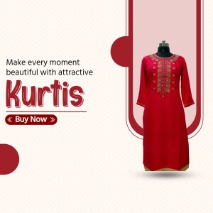 Red embroidered Kurti displayed on a mannequin with a promotional banner.