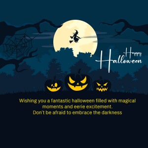 Halloween illustration with a witch flying in front of a full moon and jack-o'-lanterns.