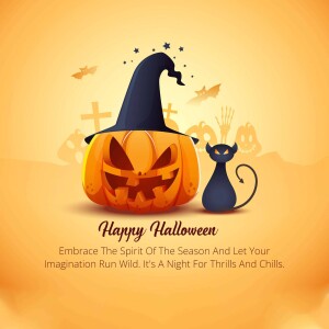 Halloween illustration with a pumpkin, witch hat, black cat, and bats.