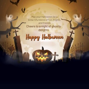 Halloween illustration with a full moon, ghosts, a pumpkin, and a graveyard.