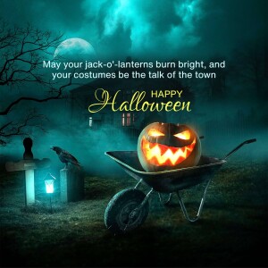 Halloween greeting with a jack-o'-lantern, haunted house, and spooky atmosphere.