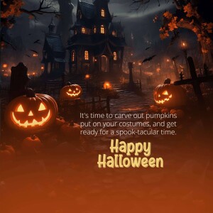 A spooky Halloween scene with a haunted house, pumpkins, and bats.