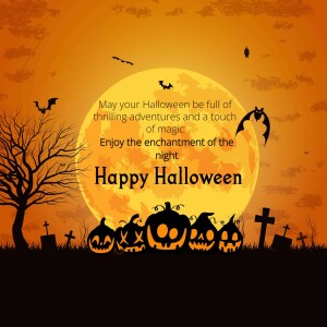 Halloween greeting with pumpkins, a full moon, and spooky trees