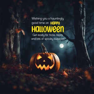 Jack-o'-lantern in a spooky forest with Halloween greeting