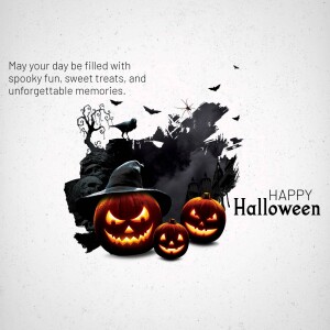 Halloween pumpkins, witch hat, and spooky landscape with text 'Happy Halloween'