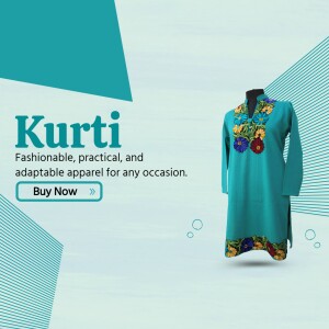 Teal Kurti with floral embroidery on a light blue background with text 'Kurti'
