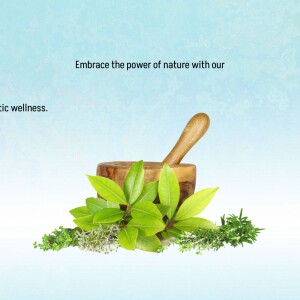 Mortar and pestle with herbs and leaves, representing natural and holistic wellness.