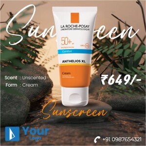 La Roche-Posay Anthelios 50+ Sunscreen tube on a rocky beach background with price.