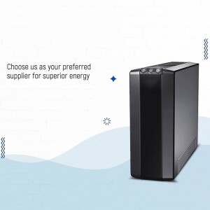 Black UPS system on a light blue background with wave-like design elements.
