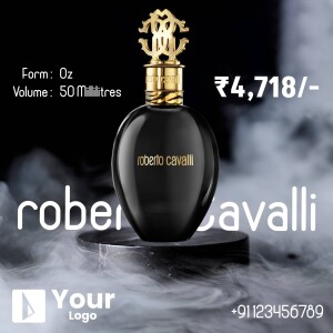 Roberto Cavalli Oz 50ml perfume bottle on a dark background with smoke effect.