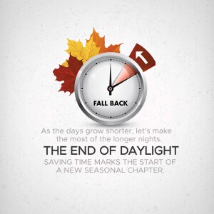 Clock with falling leaves indicating the end of daylight saving time.