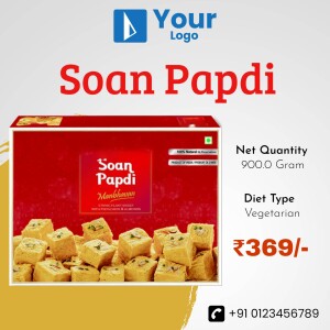 Image of Mahalakshmi Soan Papdi packaging with product details.