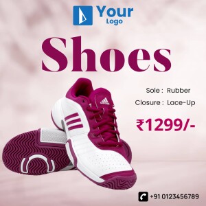 Close-up of Adidas maroon and white lace-up shoes with price details.