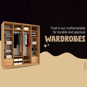 Light brown wooden wardrobe with clothes and shelves