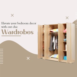 Wooden wardrobes with open doors displaying clothes and storage space