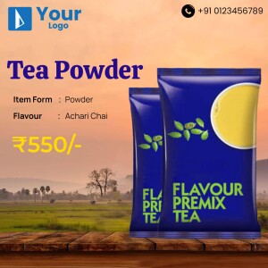 Image of Achari Chai tea powder packaging with price and background landscape.