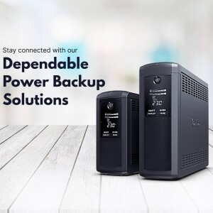 Two UPS power backup devices on a wooden surface with text overlay