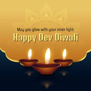 Dev Diwali greeting with lit diyas and a festive background