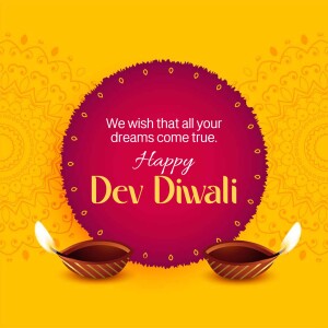 Dev Diwali greeting with diya lamps and festive background
