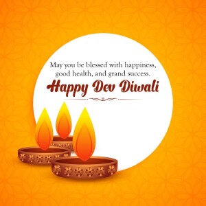 Dev Diwali greeting with lit lamps and festive text