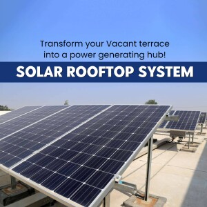 Solar panels installed on a rooftop with text promoting solar energy