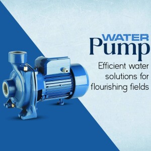 Blue centrifugal water pump on a blue and white background
