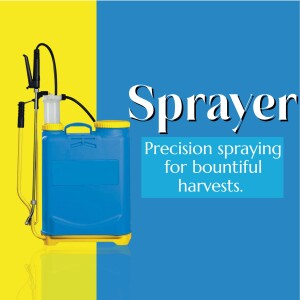 Blue and yellow agricultural sprayer with text overlay