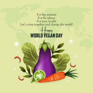 World Vegan Day graphic with vegetables and a world map