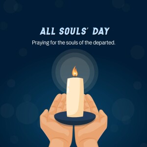 Image depicting a lit candle held in praying hands for All Souls' Day.