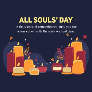 Illustration of lit candles and floral elements with text 'All Souls' Day'