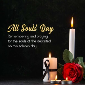 All Souls' Day image with candles, rose, and ribbon