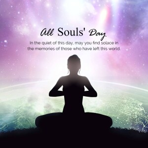 Silhouette of a woman meditating with a celestial background for All Souls' Day
