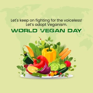 World Vegan Day graphic with vegetables and a world map background