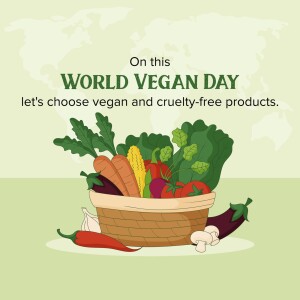 Illustration of fresh vegetables and fruits with World Vegan Day text.