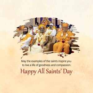 Group of spiritual leaders in orange robes with a message about goodness and compassion.