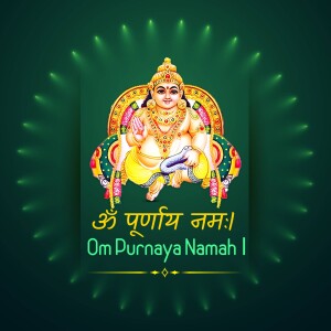 Image of Lord Kubera seated on his throne with the mantra 'Om Purnaya Namah' below.
